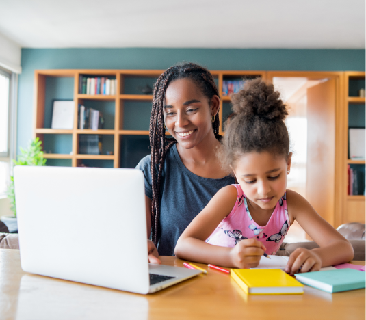 Woman and grade 2 girl solving math with laptop and text for common core math overview for grade 2 displayed on the right