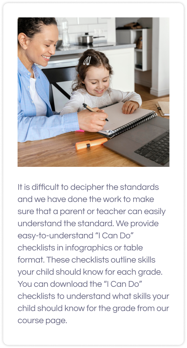Female tutor with a girl doing math with laptop and text for 1st grade common core math benefits below