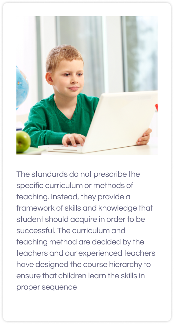 A boy in green sweater with a laptop and text for 5th grade common core math curriculum below