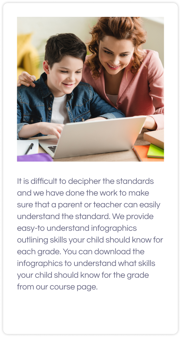 Female tutor teaching a boy looking at laptop and text for common core grade 5 math benefits below