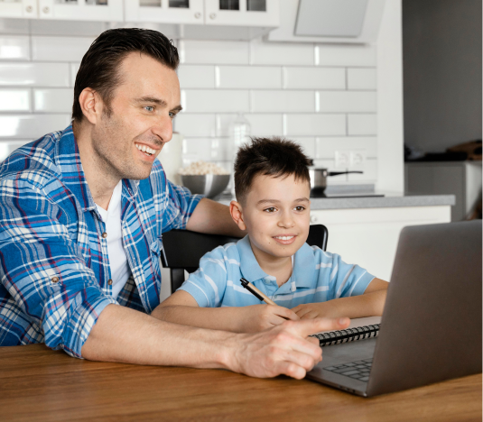 dad with his son solving math with a laptop and text for common core math overview for grade 3 displayed on right side