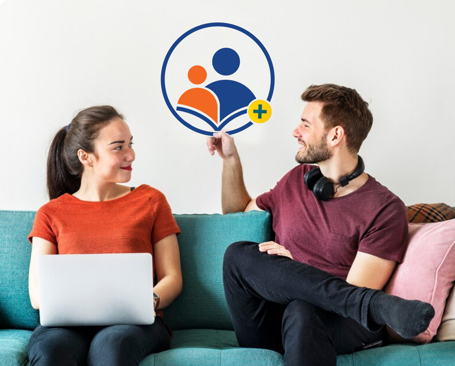 A Father Holding Educo Learning Center's Logo and his Daughter with a laptop in her lap are smiling on a Green Sofa