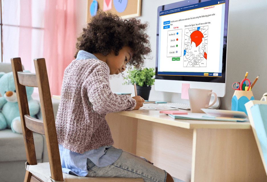 A Culrly Haired Boy Sitting on a Chair in front of a Computer is Writing Notes with a Pencil