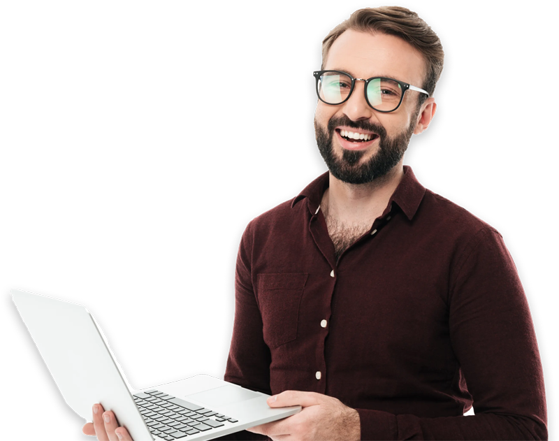 A Man Wearing Eyeglass is Smiling While Holding a Laptop with Both Hands