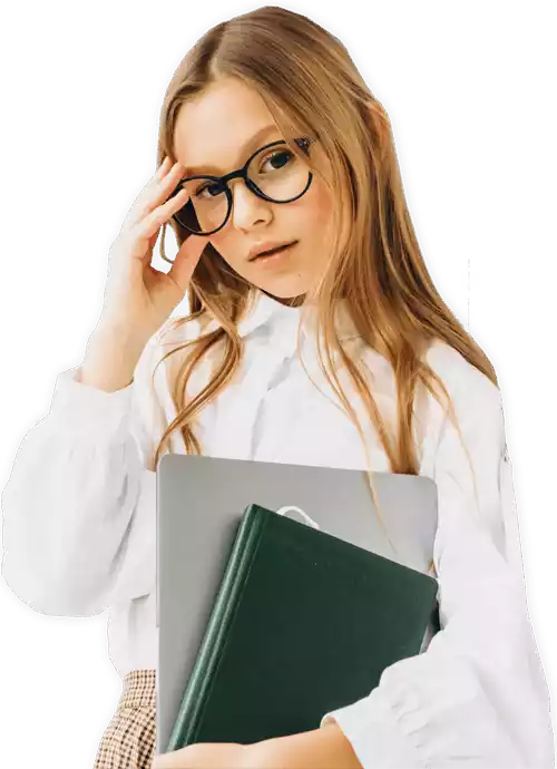 A Young Girl Wearing eyeglasses holding a Book and Laptop with one Hand