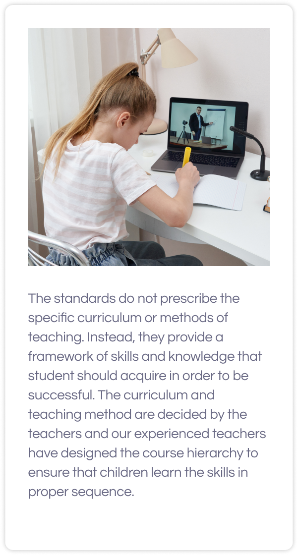 Girl taking notes during online math class with a laptop and text for grade 4 common core math curriculum below