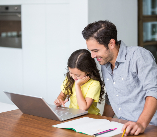 Dad with his daughter solving math with a laptop and text for common core math overview for grade 4 on the right