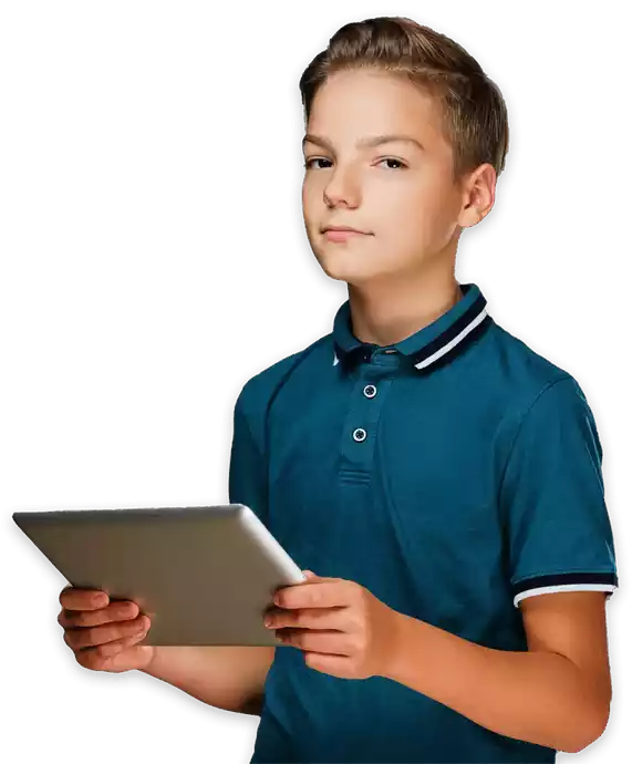 A young boy wearing t-shirt holding an ipad with both hands