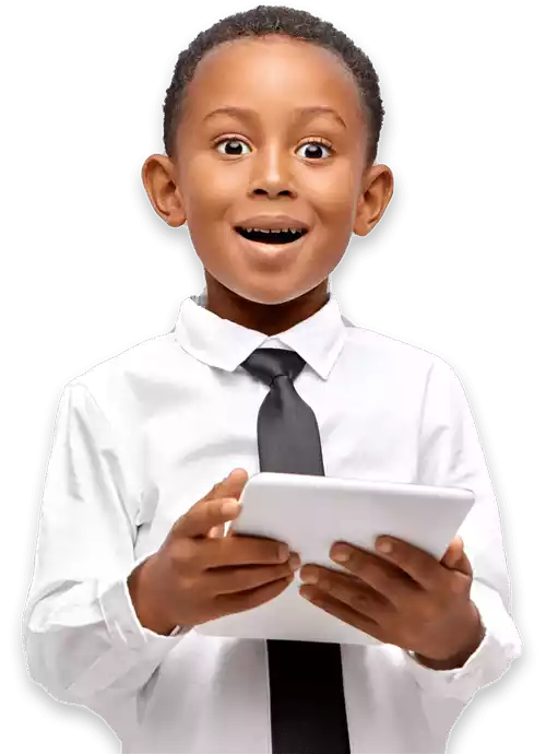 A young boy smiling is holding a Tablet Device with both hands