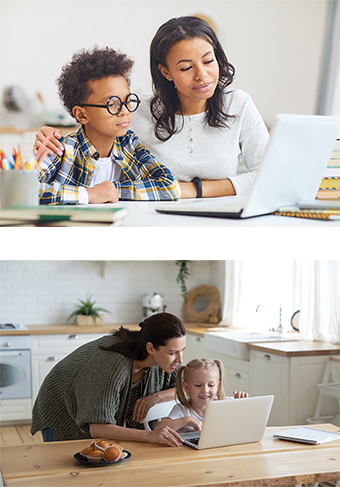 Two Images Stacked Vertically Showing a Mother in Each Supporting their Child with Online Education